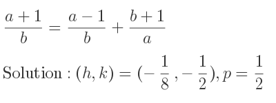 The solution to (a+1)/b =(a-1)/b+(b+1)/a is Parabola with (h,k)=(-1/8 ,-1/2),p= 1/2